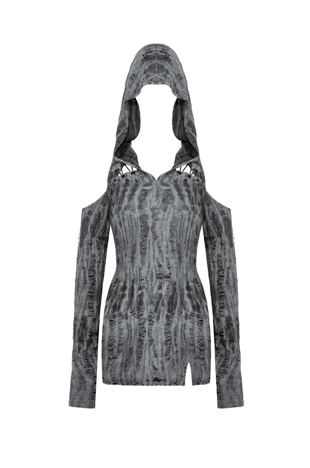 Edgy asymmetrical cutout hoodie with off-shoulder design and ripped neckline in gray.