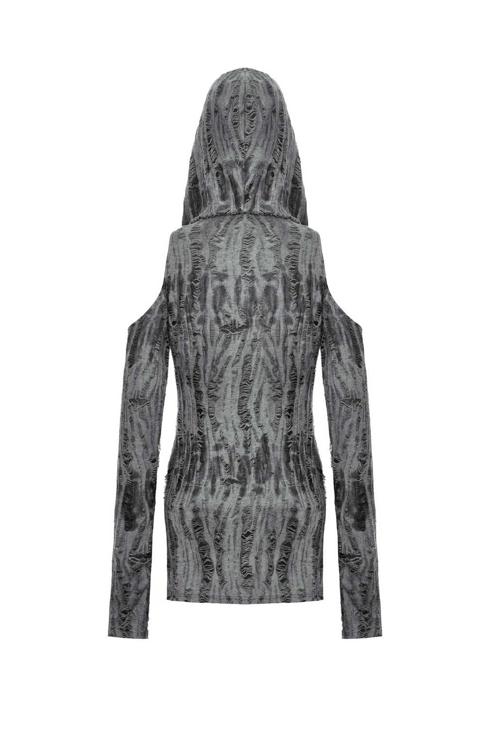 Back view of punk rock long-sleeve off-shoulder hooded top with edgy asymmetrical cut and bold design.