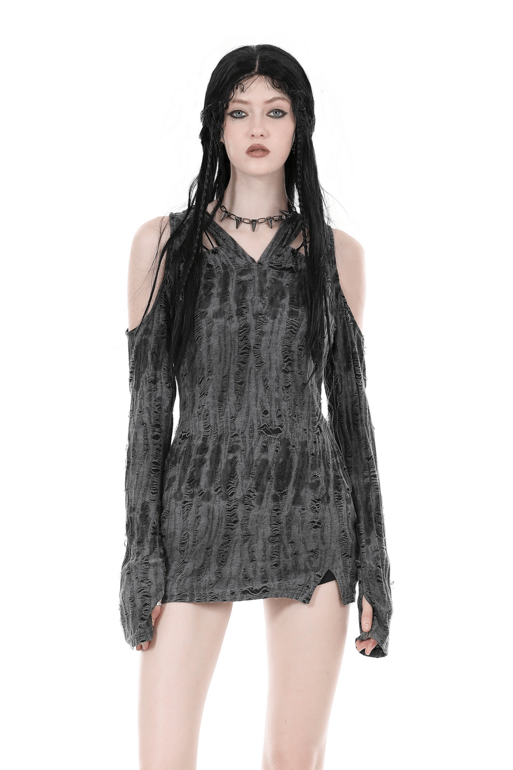 Model wearing a punk rock long-sleeve off-shoulder hoodie with a unique cut and edgy style.