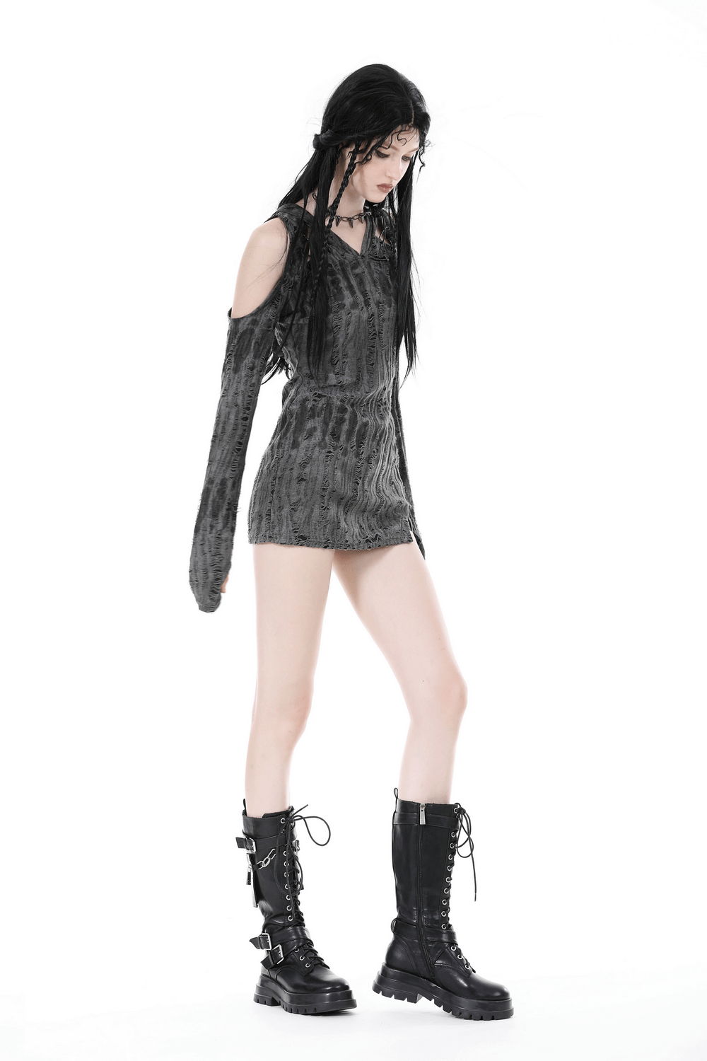 Model showcasing a punk rock long-sleeve off-shoulder hoodie with edgy asymmetrical cut and bold black boots.