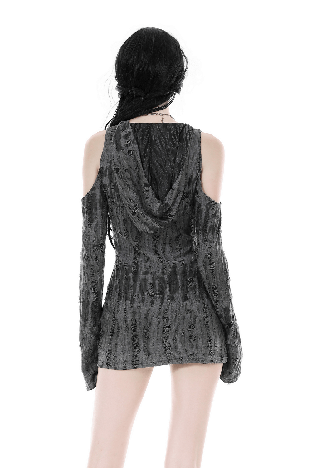 Punk rock long-sleeve off-shoulder hoodie showcasing edgy asymmetrical cutout and bold ripped neckline.