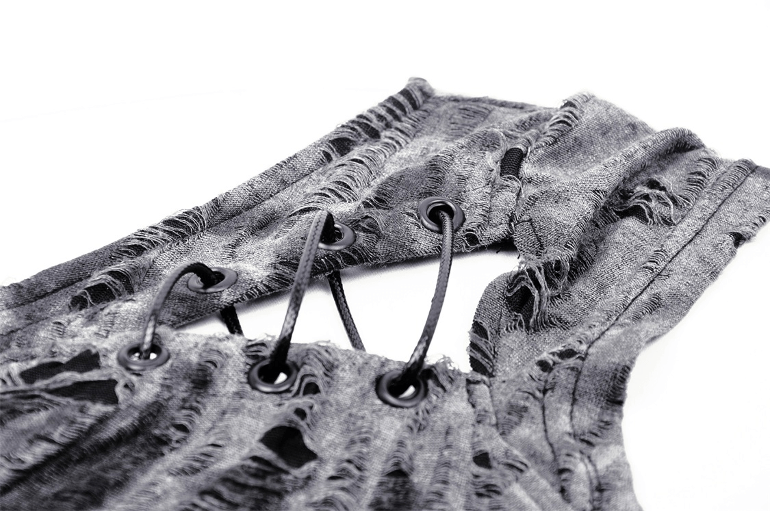 Edgy asymmetrical cutout hoodie with a bold ripped neckline, perfect for punk rock street style.