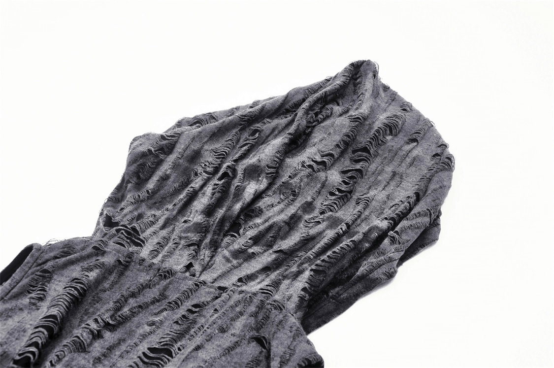 Edgy punk rock off-shoulder hoodie with ripped neckline and asymmetrical cutout design in black.