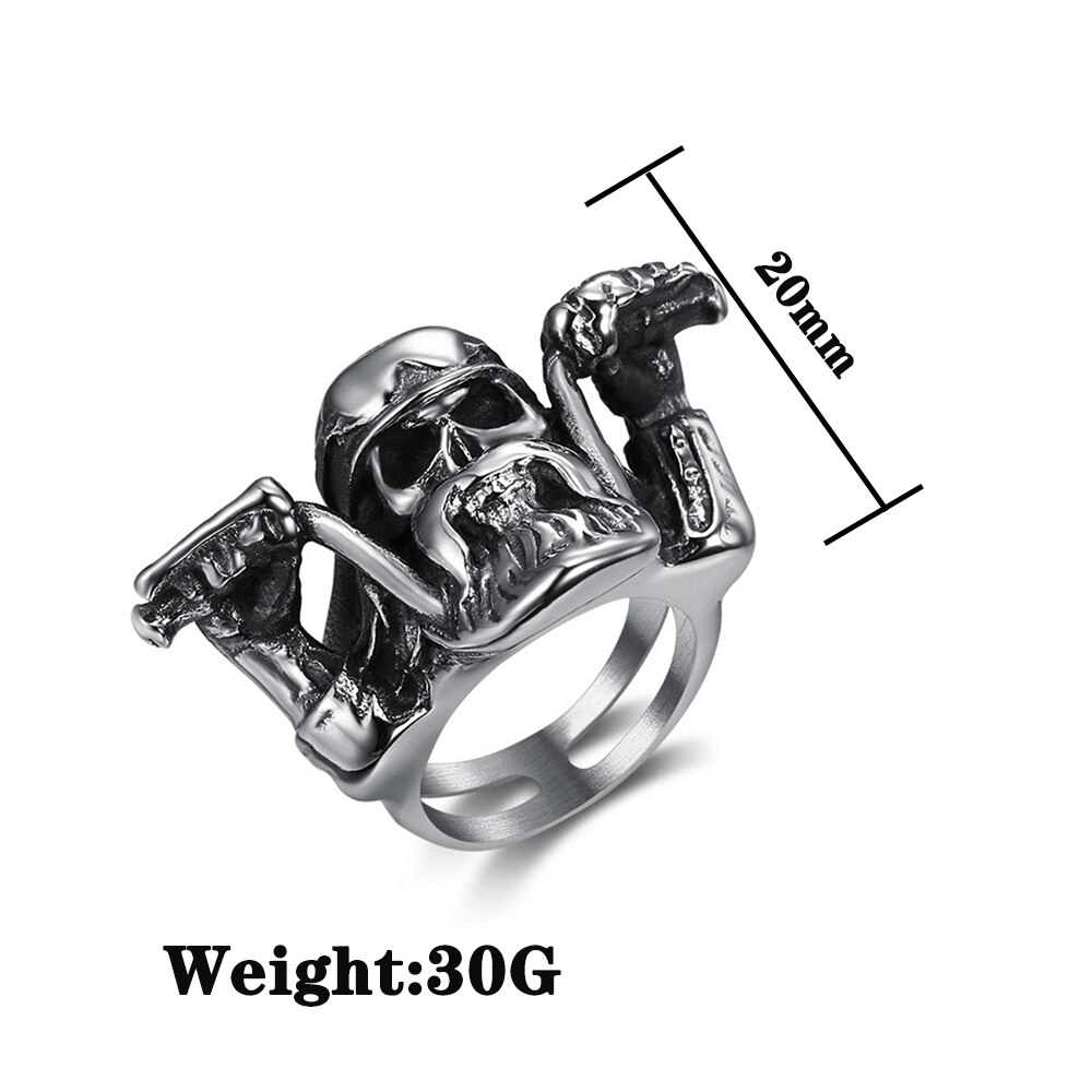 Stainless steel punk rock skull ring for men, featuring a bold design with hands raising, perfect biker accessory.