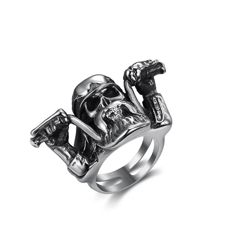 Punk rock motorcyclist skull ring for men, crafted from stainless steel, featuring a bold skull design for edgy biker style.