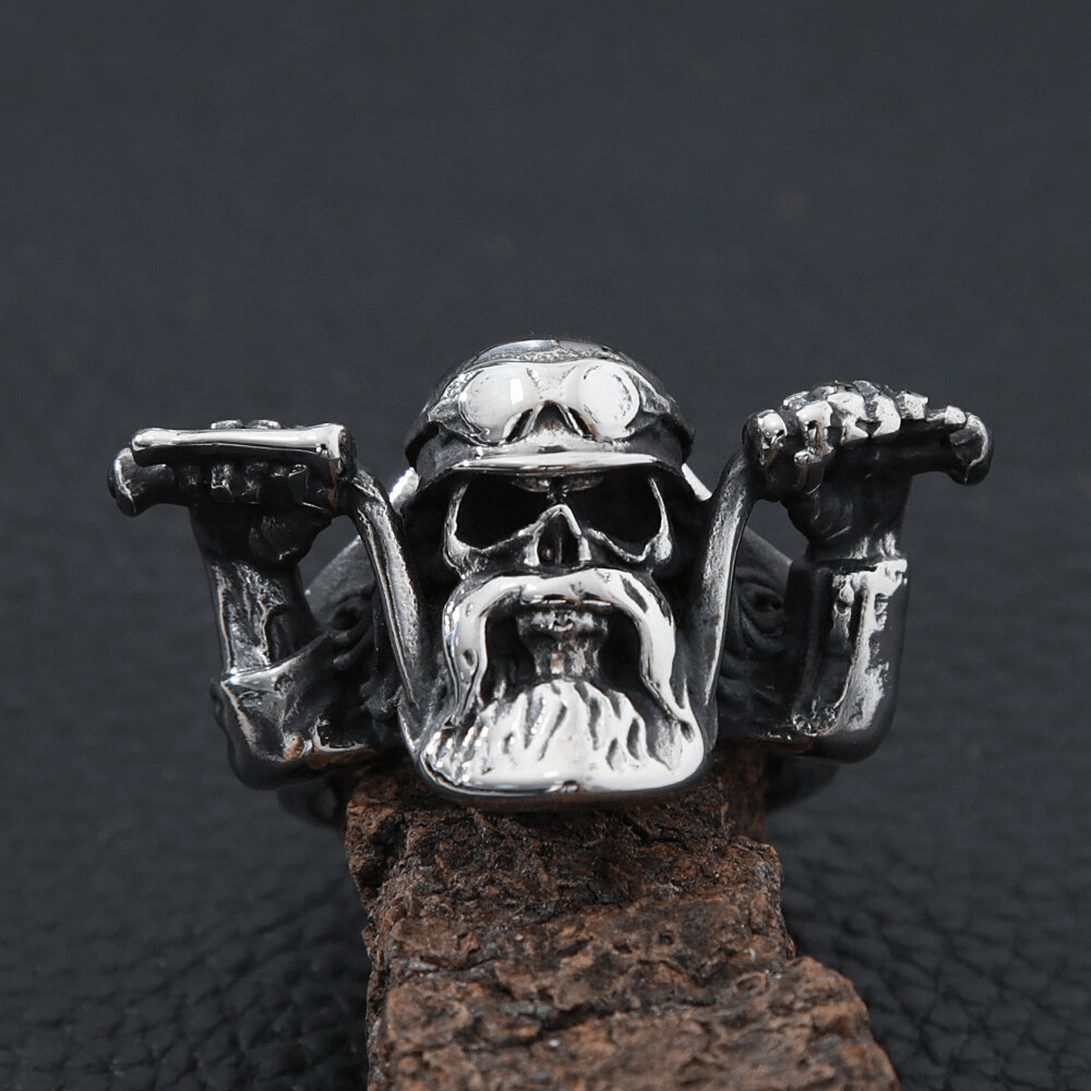 Bold skull ring for men, showcasing punk rock biker style with unique design and stainless steel finish.