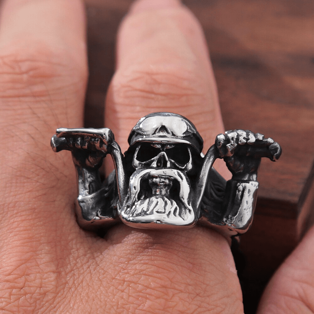 Punk Rock Motorcyclist Skull Ring For Men / Stainless Steel Biker Accessories - HARD'N'HEAVY