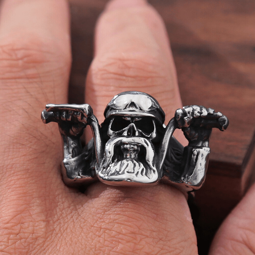 Punk rock skull ring for men, showcasing edgy biker style in detailed stainless steel design.
