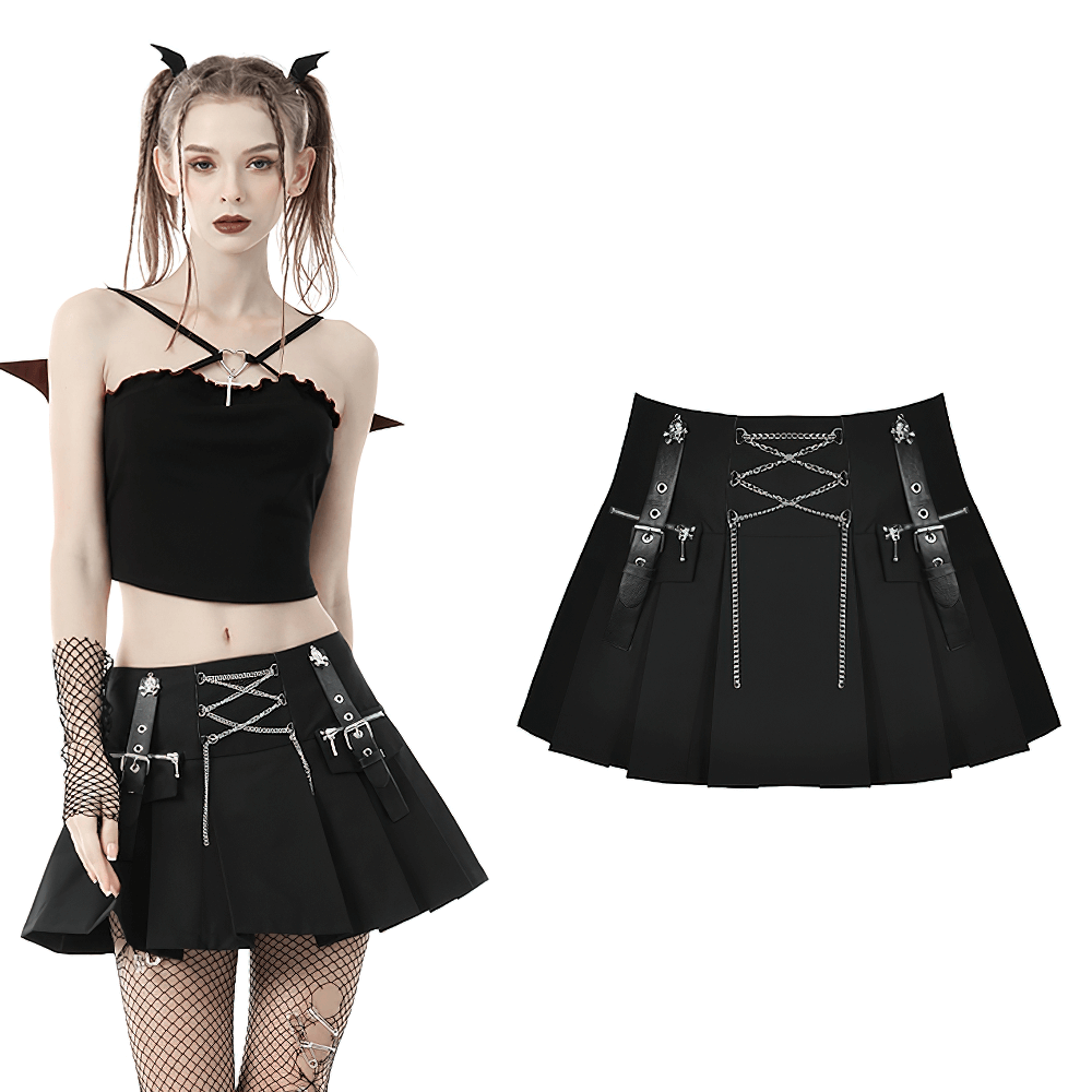 Fierce punk rock black pleated mini skirt with chain detail and straps, perfect for edgy outfits and concert looks.