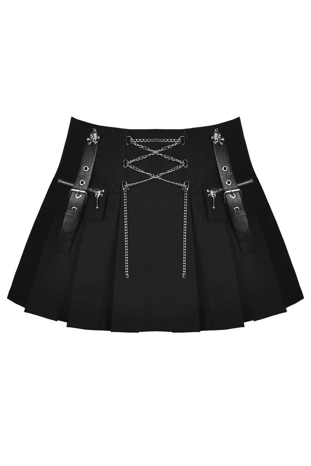 Punk Rock Pleated Mini Skirt with Chain and Straps