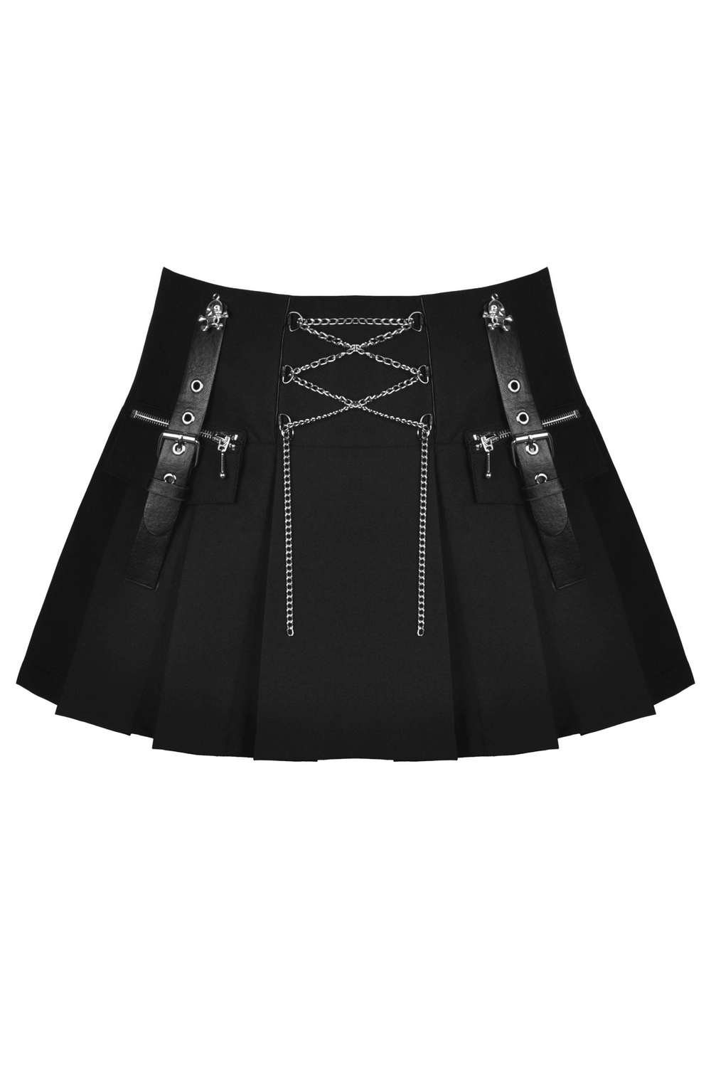 Fierce black pleated mini skirt with chain detail and stylish straps for an edgy punk rock look.