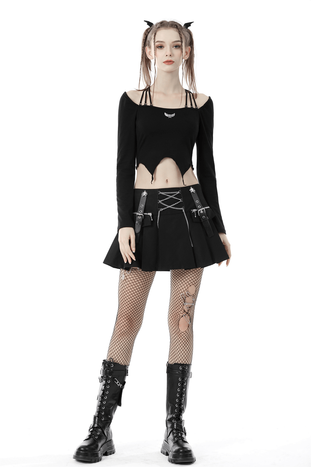 Punk Rock Pleated Mini Skirt with Chain and Straps