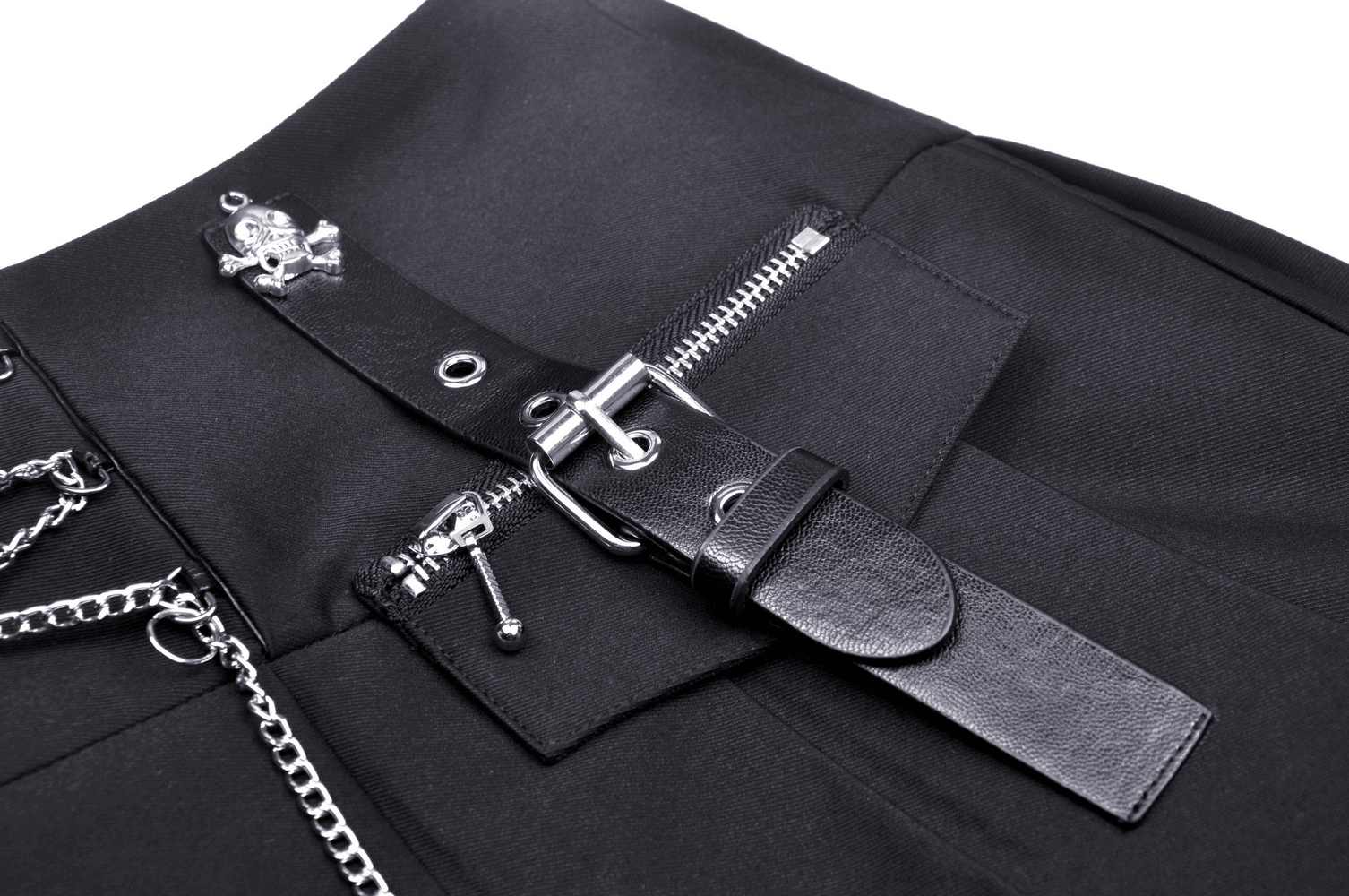 Close-up of punk rock mini skirt featuring chain details and buckle closure for edgy style.