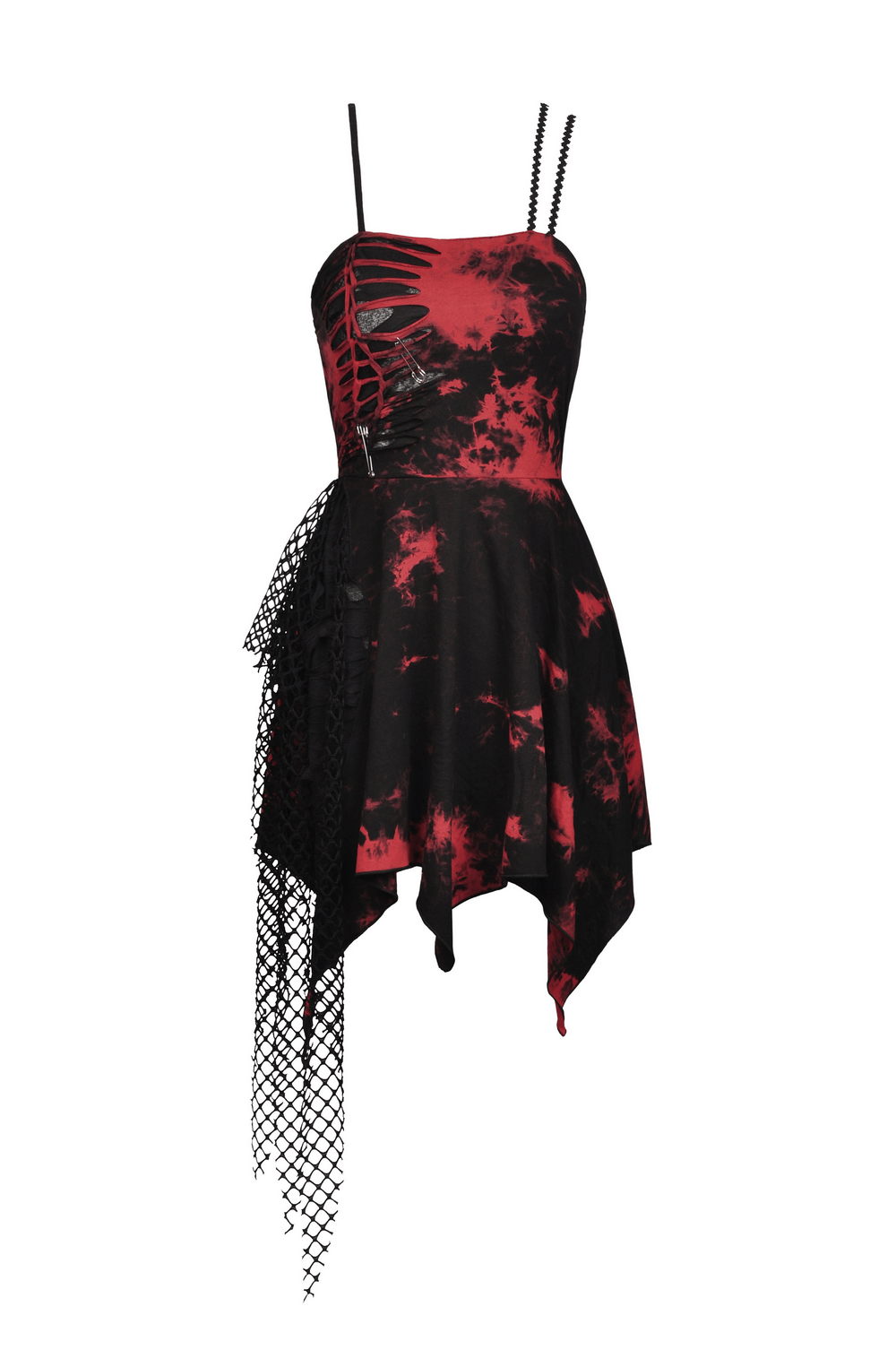 Punk rock red and black asymmetrical dress with mesh overlay, perfect for gothic-themed events and concerts.