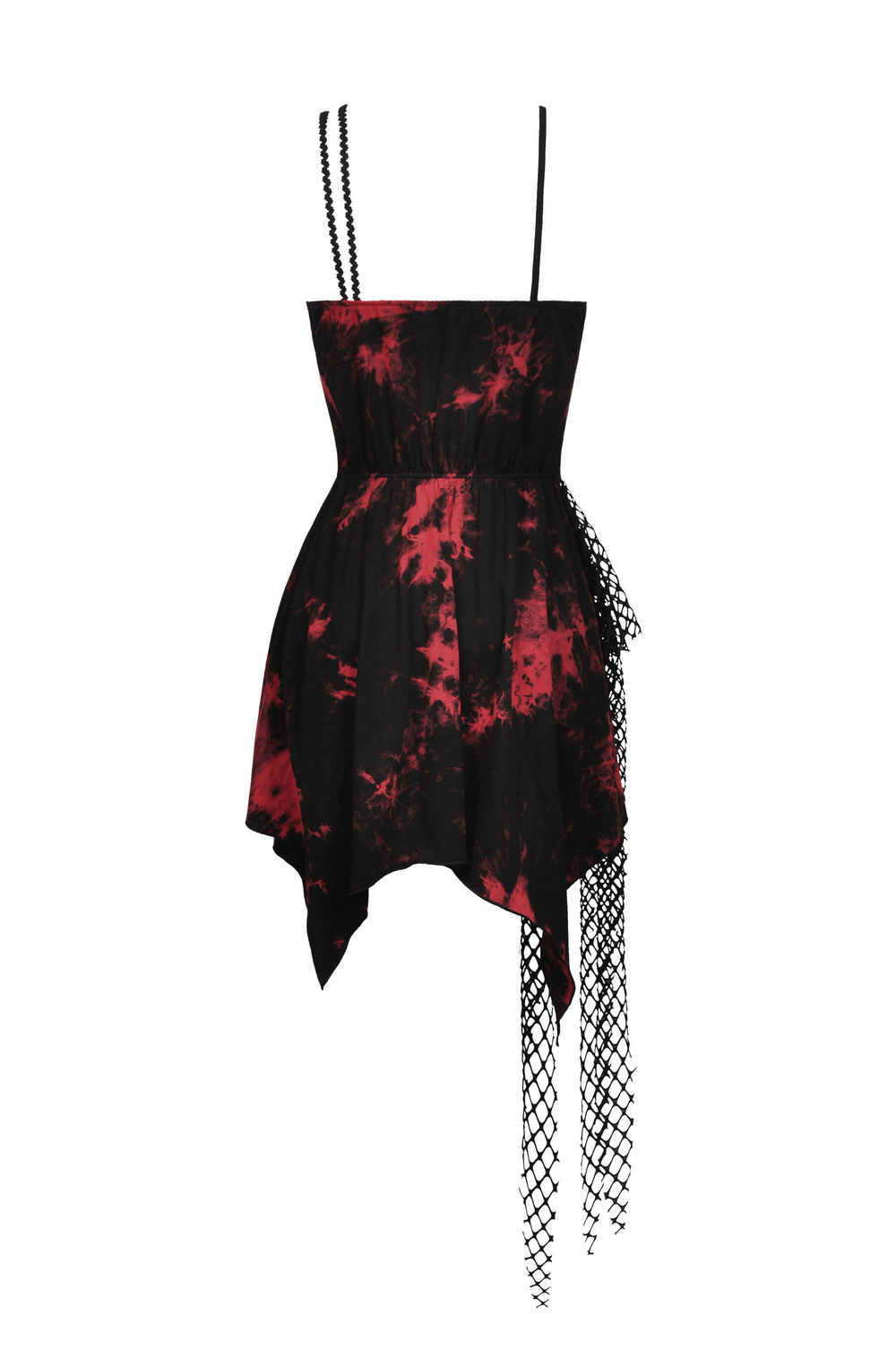 Punk rock red and black asymmetrical dress with mesh overlay and corset detailing.