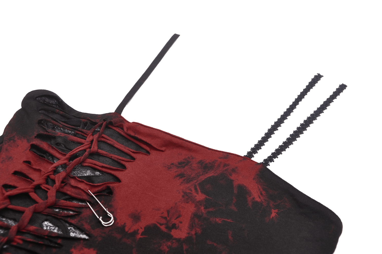 Close-up of punk rock red and black mesh dress showing corset lacing and strap details.
