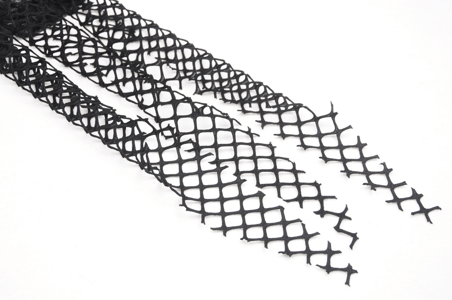 Close-up of black mesh overlay fabric with a diamond pattern, perfect for punk rock fashion accessories.