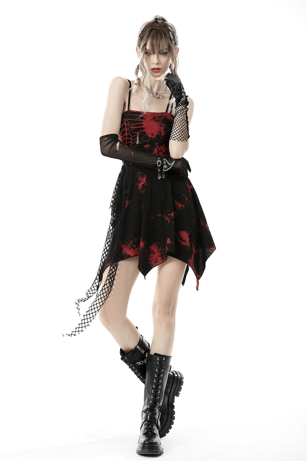 Punk rock asymmetrical red and black dress with mesh overlay and corset detail, perfect for gothic themed events.