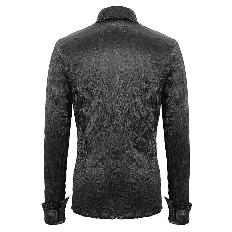 Back view of a stylish black long-sleeved shirt in punk rock style for men, showcasing textured fabric and modern cut.