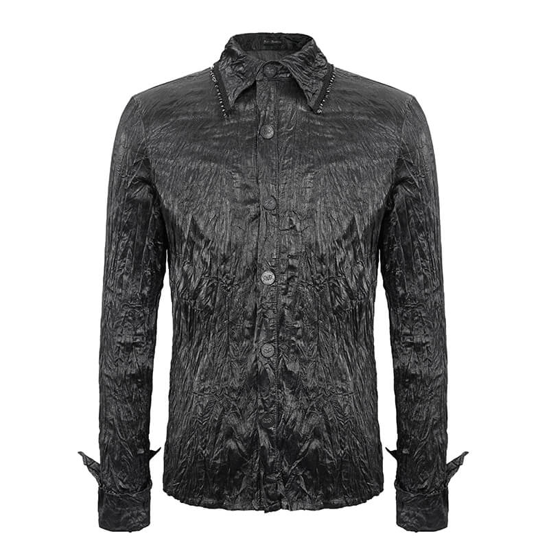 Stylish black long-sleeved shirt for men with a punk rock style, featuring unique texture and button-up design.