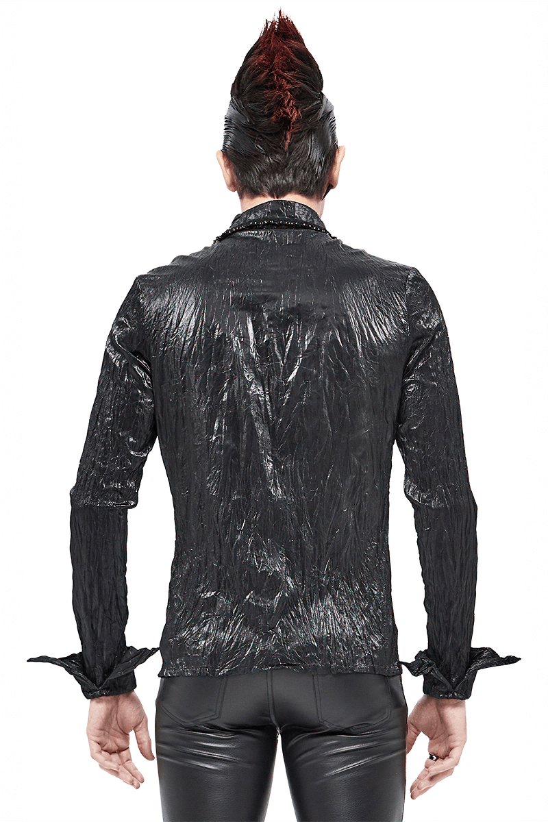 Black long-sleeved punk rock shirt for men, showcasing a stylish crinkled design and modern cut, perfect for alternative fashion.