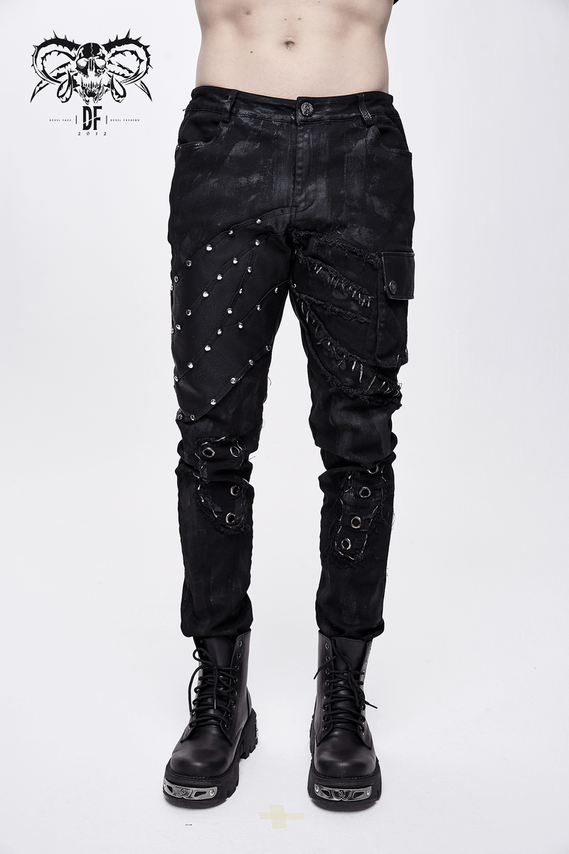 Men's punk rock black trousers with studs and patches, perfect for a bold biker style.