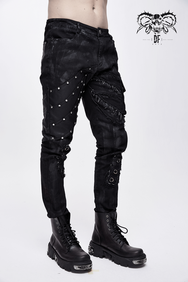 Men's black punk rock trousers with studs and side pockets, paired with stylish black combat boots.