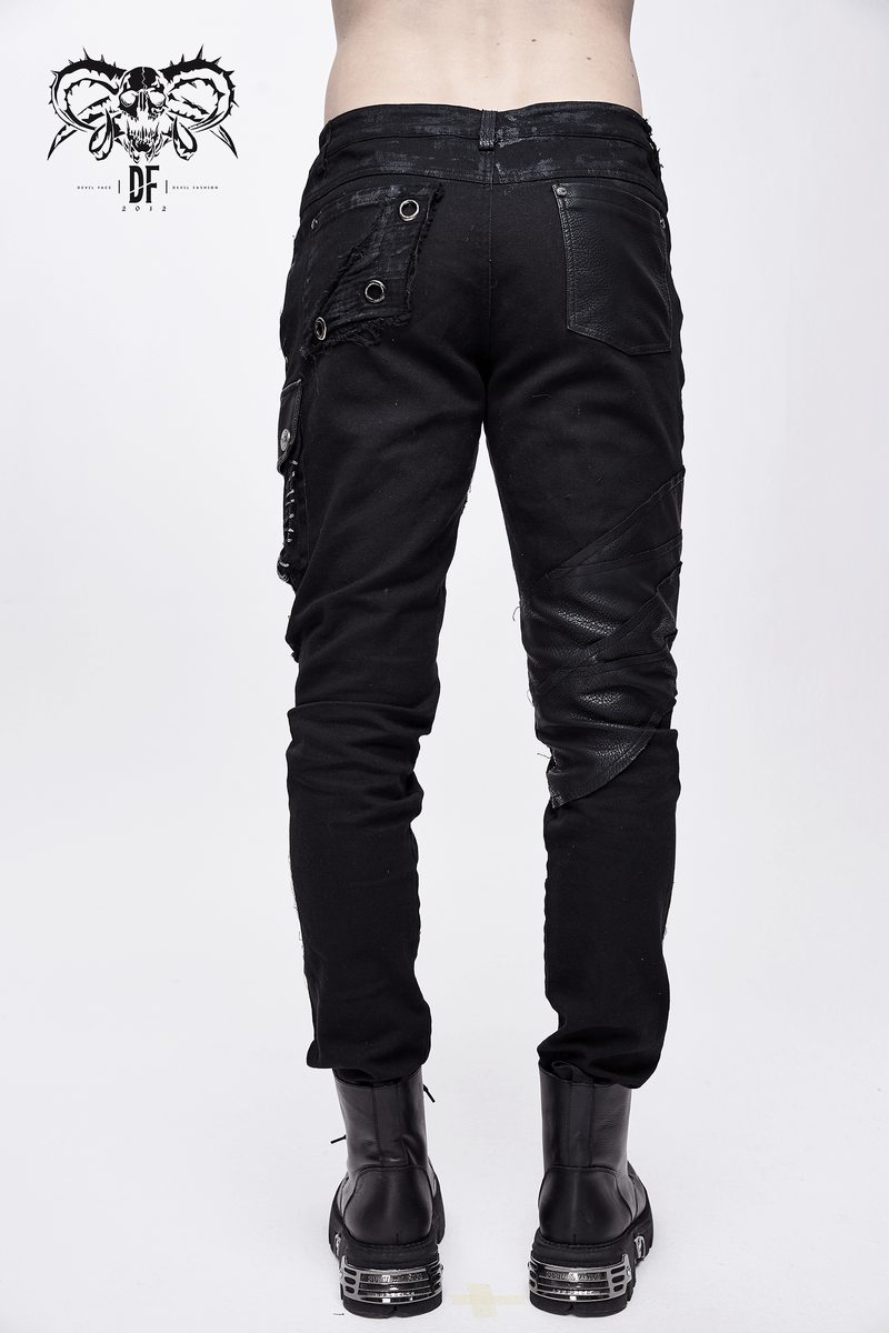Men's black punk rock trousers featuring side pockets and rivets, perfect for a stylish biker look.