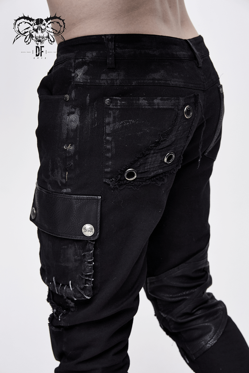 Men's black punk rock trousers with side pocket and silver studs, showcasing a stylish biker look.