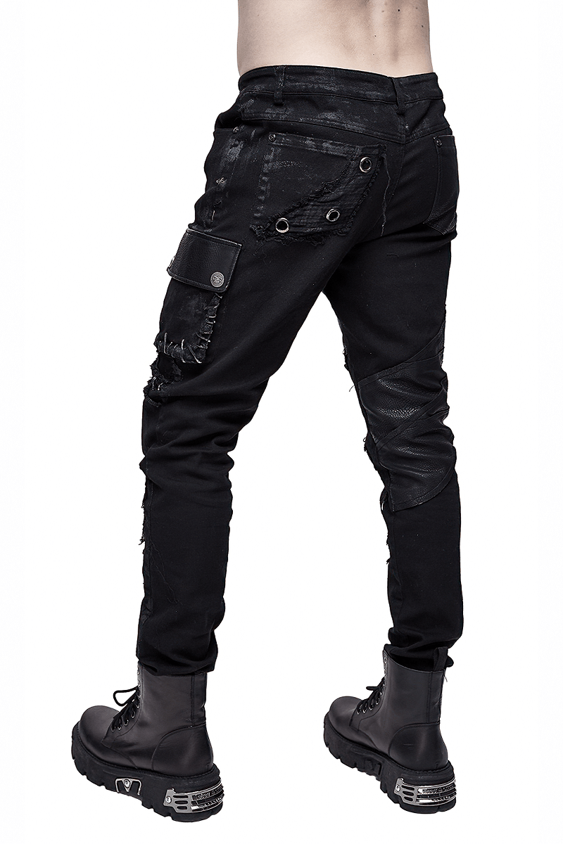Men's black punk rock trousers with side pockets and studs, perfect for a bold biker look.