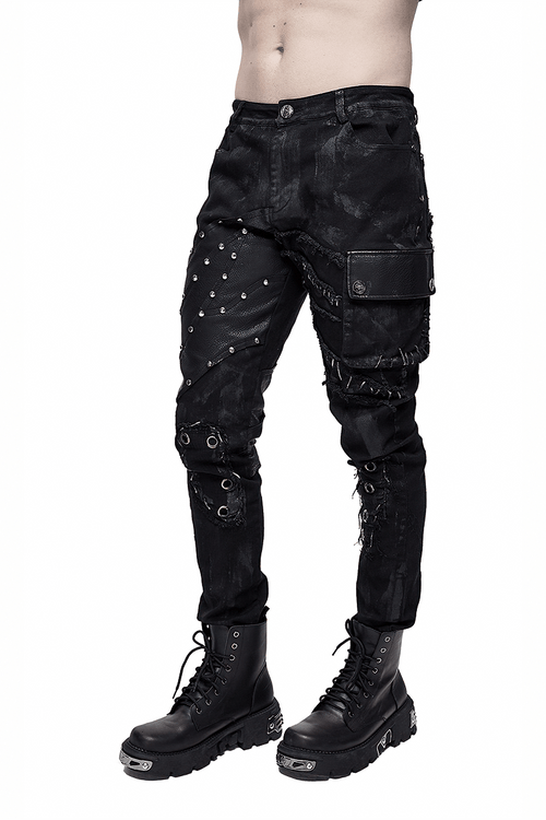 Pantalones Punk Rock Bolsillo lateral / Pantalones negros de hombre con tachuelas / Pantalones apocalípticos de motociclista