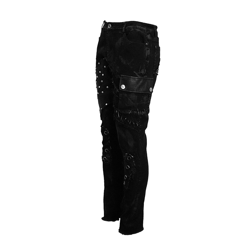 Men's black punk rock trousers with side pockets and silver studs, perfect for biking or an apocalyptic look.