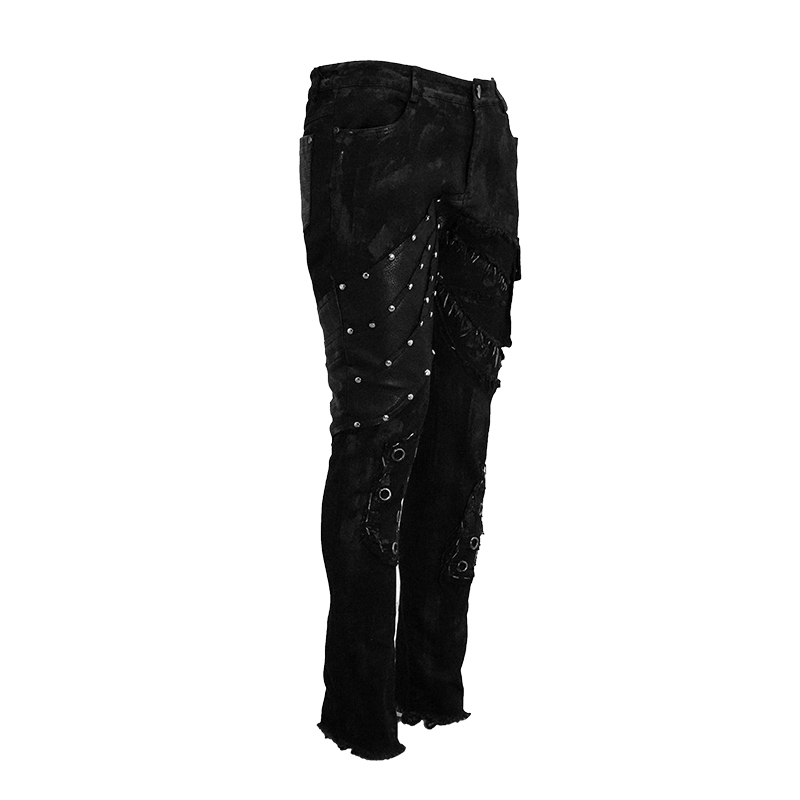 Men's punk rock black trousers with studs and a trendy cut, perfect for a biker or apocalyptic fashion statement.