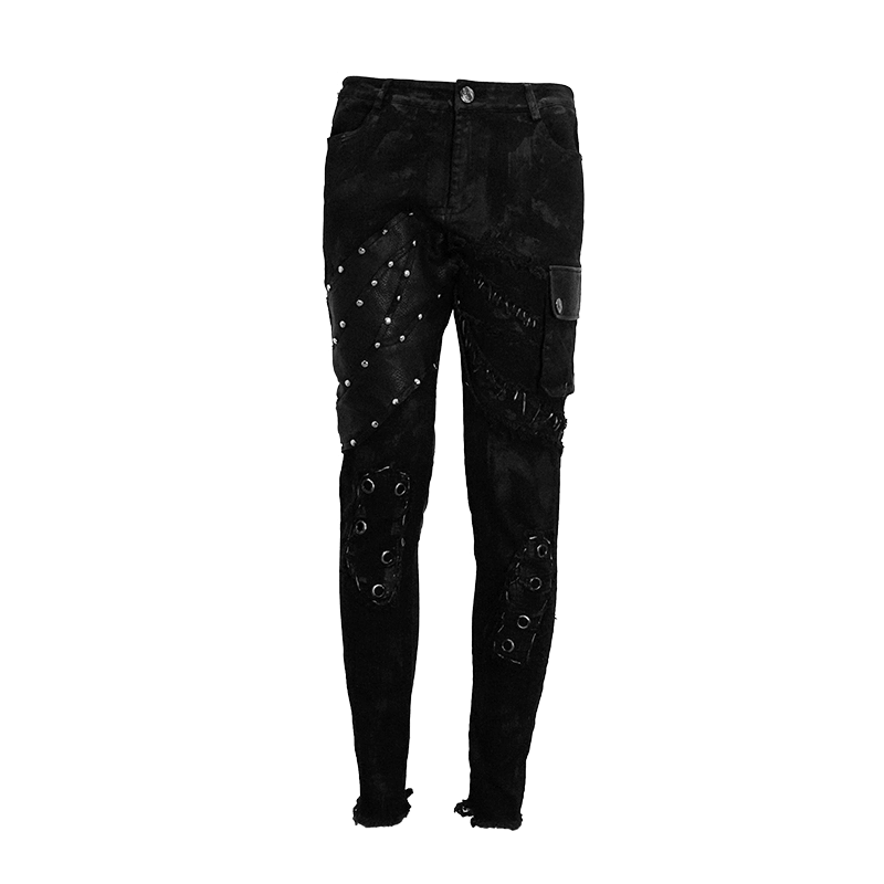 Men's black punk rock trousers with studs and side pocket for a bold biker style.