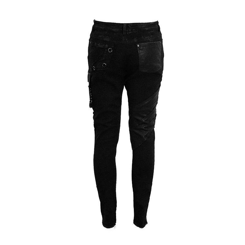 Men's black punk rock trousers with side pockets and silver studs, perfect for a biker look.