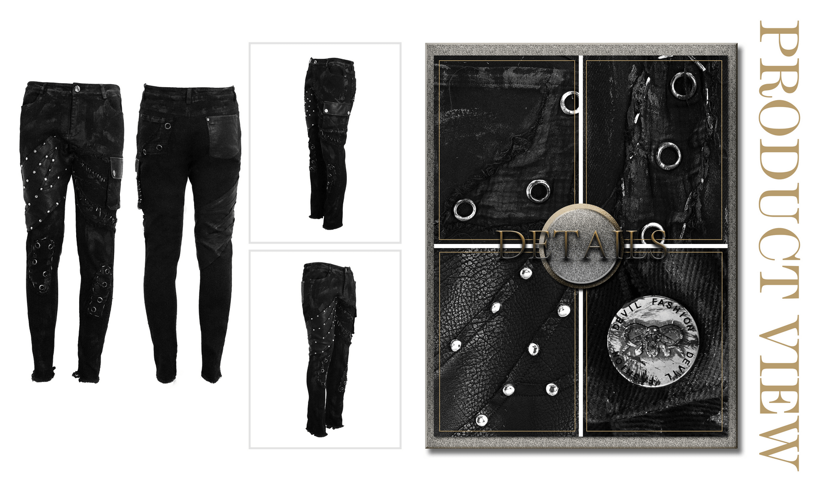 Men's black punk rock trousers with side pockets and silver studs, showcasing a stylish biker aesthetic.