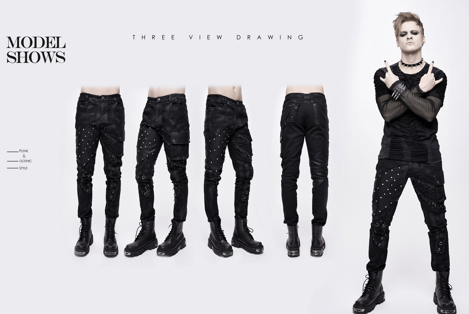 Three view drawing of men's punk rock trousers, showcasing black pants with studs and biker style.