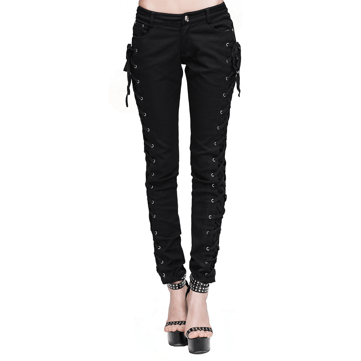 Punk Rock Women's Skinny Pants with Lace Up on Both Sides / Stylish Black Ladies Cotton Trousers - HARD'N'HEAVY