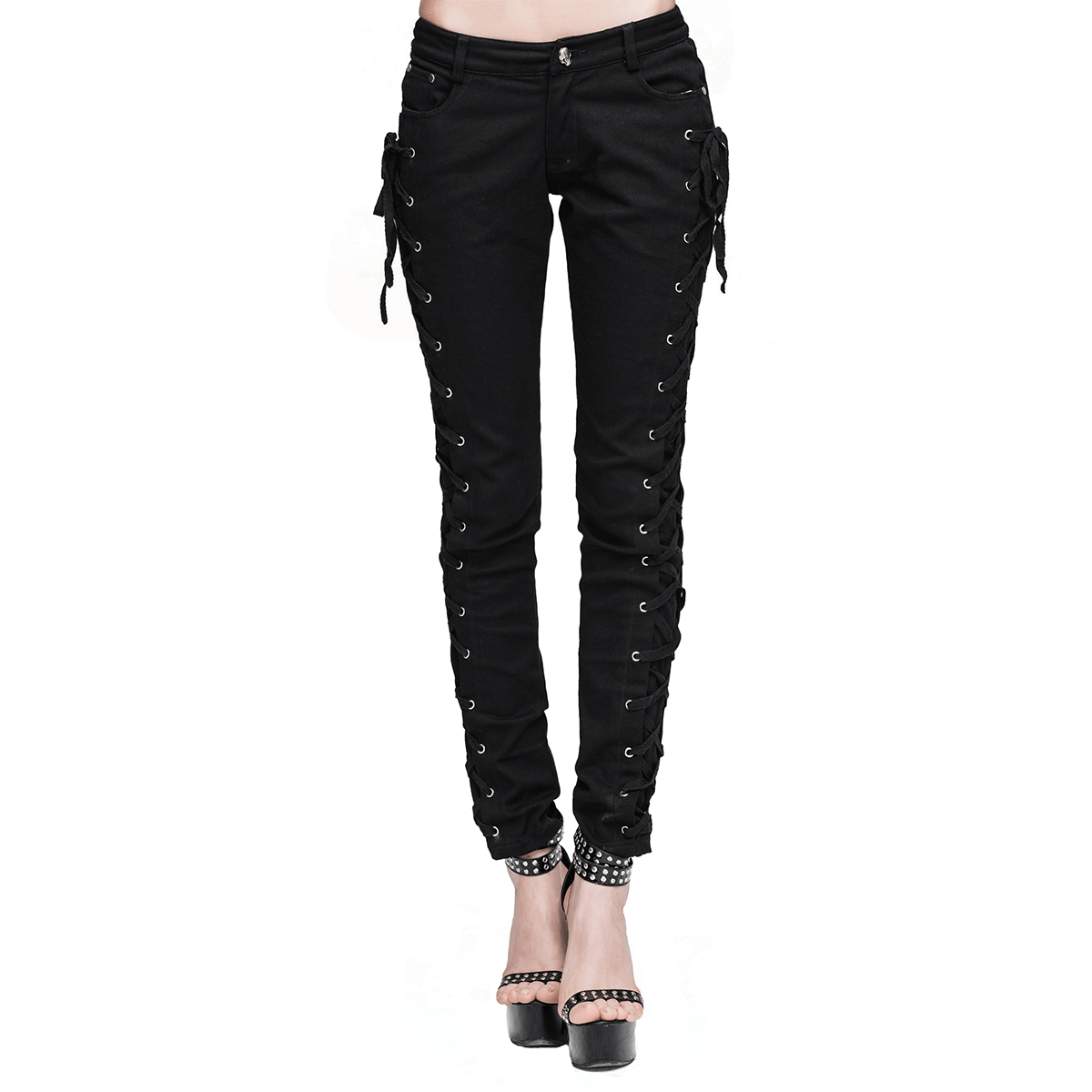 Punk rock women's skinny pants in stylish black with lace-up accents on both sides, perfect for a fashionable wardrobe.