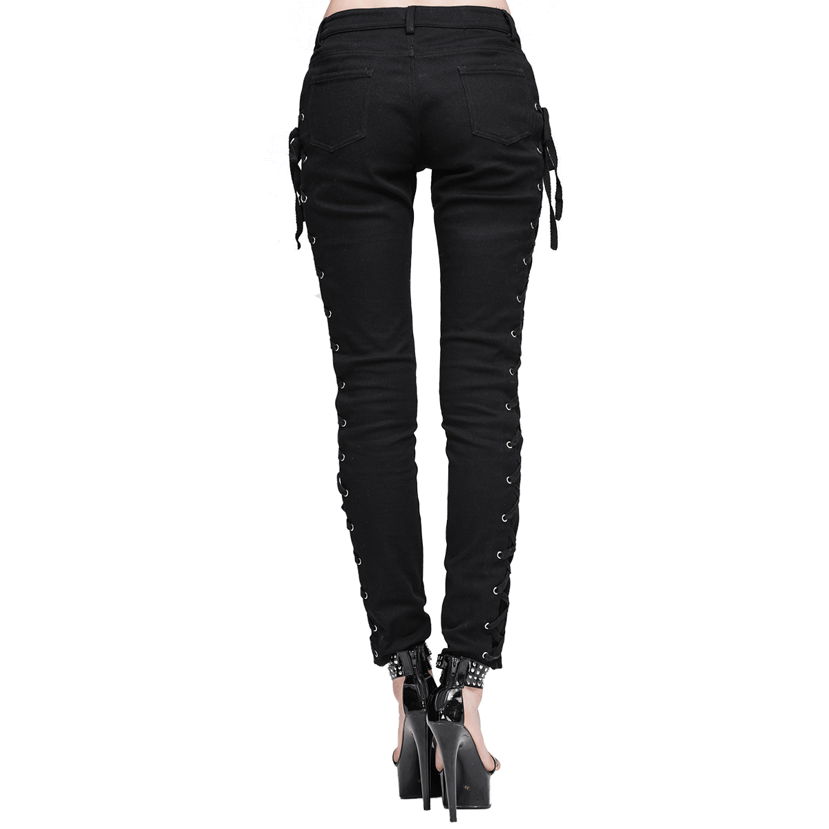 Women's punk rock skinny pants in black with lace-up detail on sides, stylish and form-fitting.