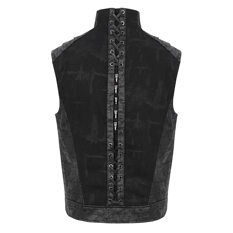 Men's punk rock zip-up waistcoat featuring a lace-up back and studded stand-up collar for edgy fashion.