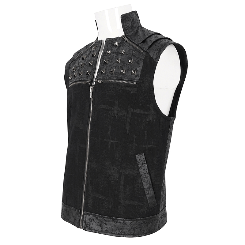 Men's punk rock zip-up waistcoat with studded details and lace-up back in black.