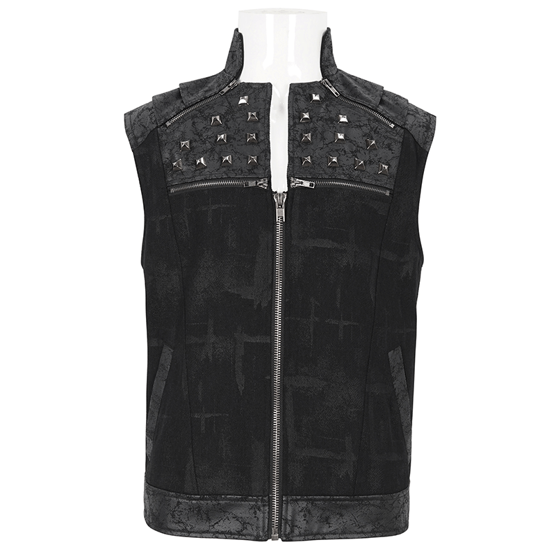 Men's punk rock zip-up waistcoat with lace-up back, studded stand-up collar for edgy fashion.