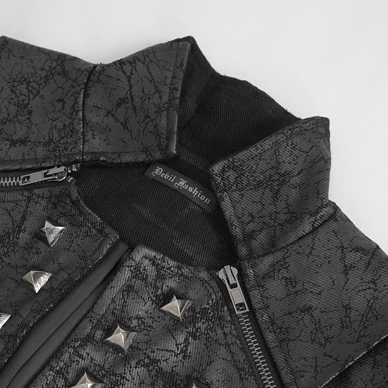 Close-up of a black punk rock zip-up waistcoat with studded collar and lace-up back, showcasing edgy fashion details.