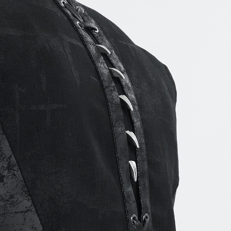 Close-up of lace-up back detailing on men's punk rock zip-up waistcoat with studs.
