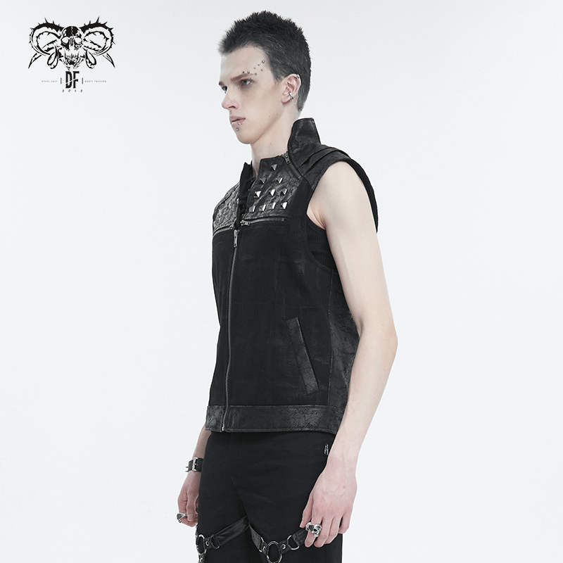 Stylish men's punk rock zip-up waistcoat with lace-up back and studded stand-up collar.