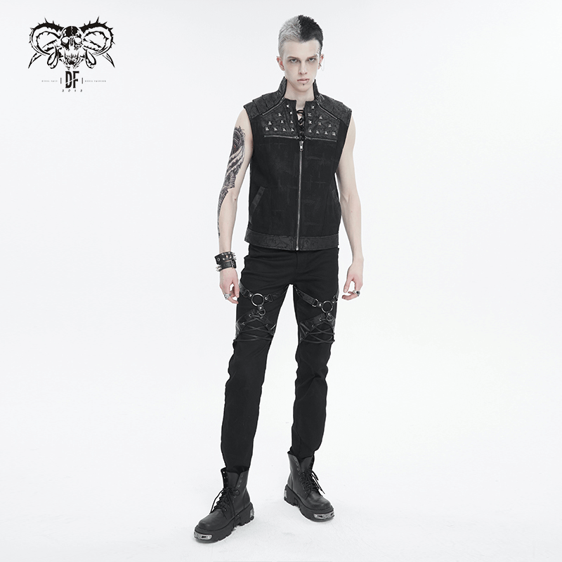 Men's punk rock zip-up waistcoat with studded collar and lace-up back, showcasing edgy style and rebellious fashion.