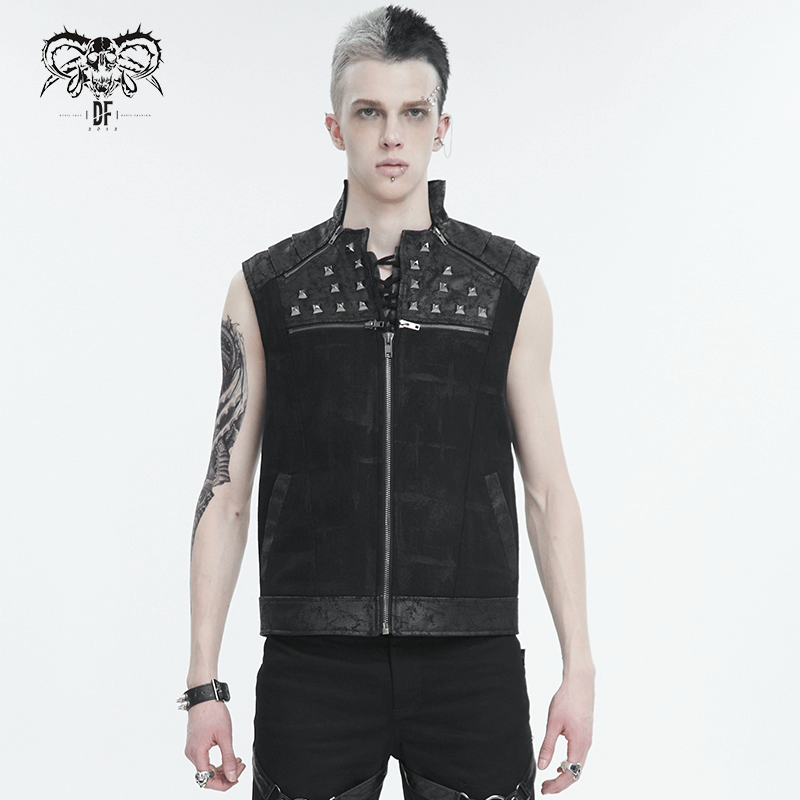 Men's punk rock zip-up waistcoat with studded collar and lace-up back, showcasing edgy fashion style.