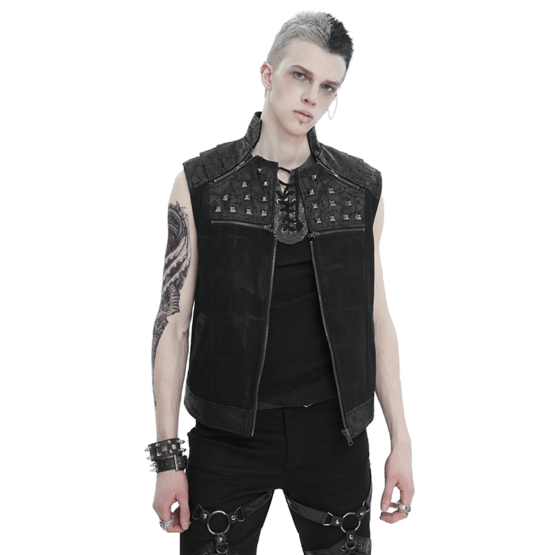 Punk Rock Zip Up Waistcoat with Lace-Up Back / Men's Stand Up Collar Clothes with Studded - HARD'N'HEAVY