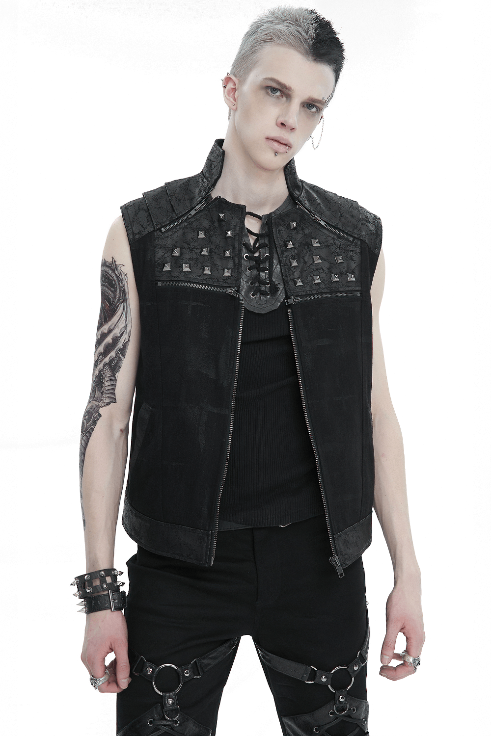 Men's punk rock zip-up waistcoat with lace-up back and studded collar, showcasing edgy fashion style.